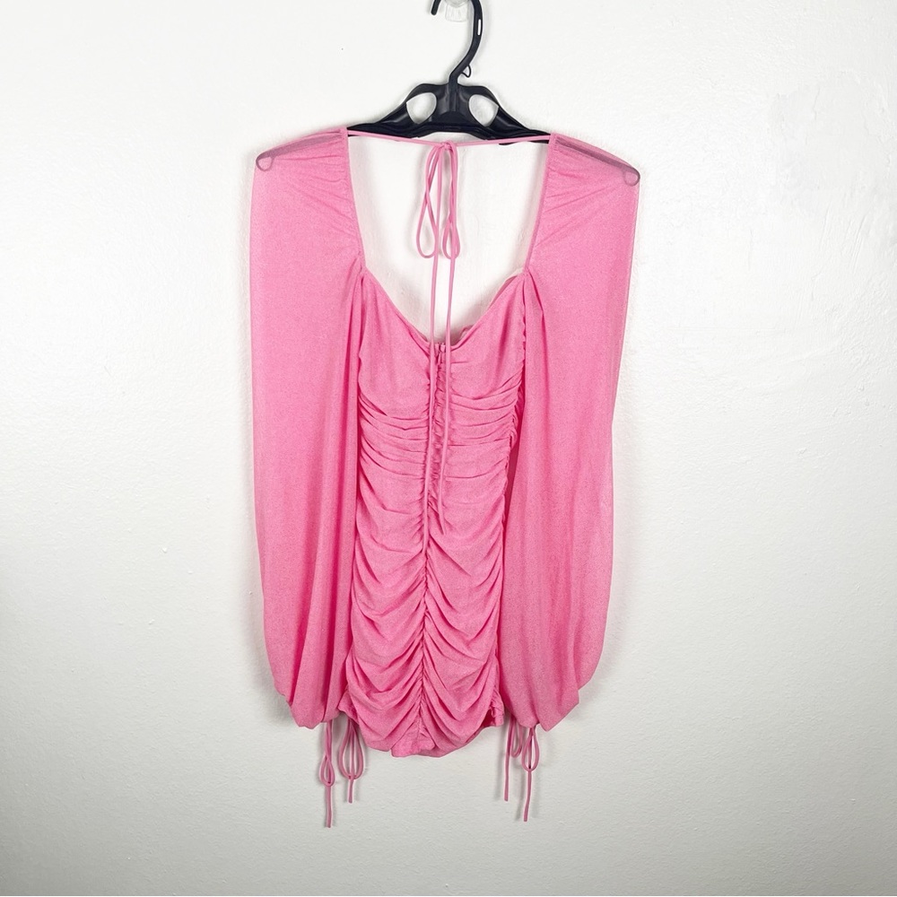 LUCY IN THE SKY Robin Glitter Pink Glitter Deep V -Neck Ruched Dress Small